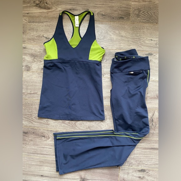 Aerie y2k vintage workout tank top and yoga pants navy blue w/ green detail - Picture 1 of 16